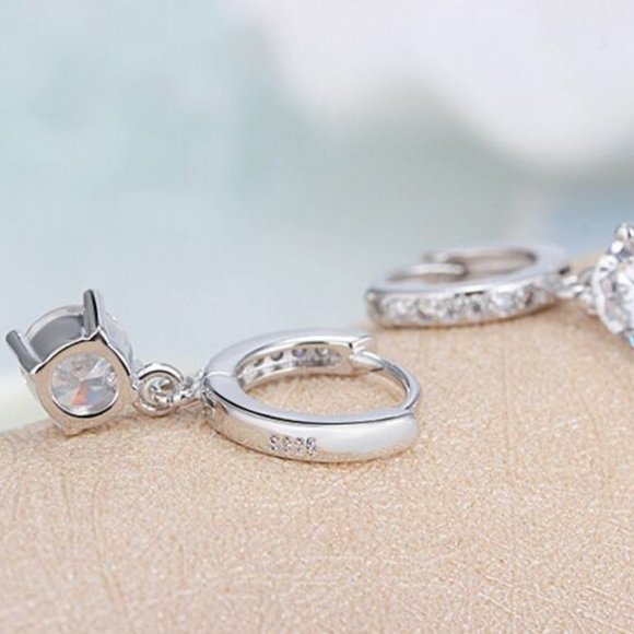 *NEW Solitaire Diamond Drop Silver Hoop Earrings - Picture 7 of 9